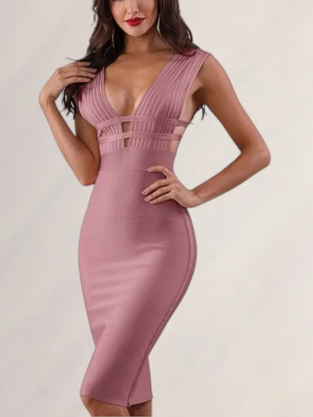 Premium Mauve Pink Cutout Women's Sheath Bandage Midi Bodycon Dress | Size L - Picture 1 of 11